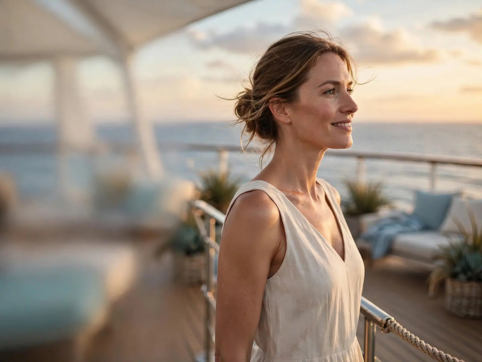 A woman in a sleeveless top smiles at the rail of a ship deck at sunset