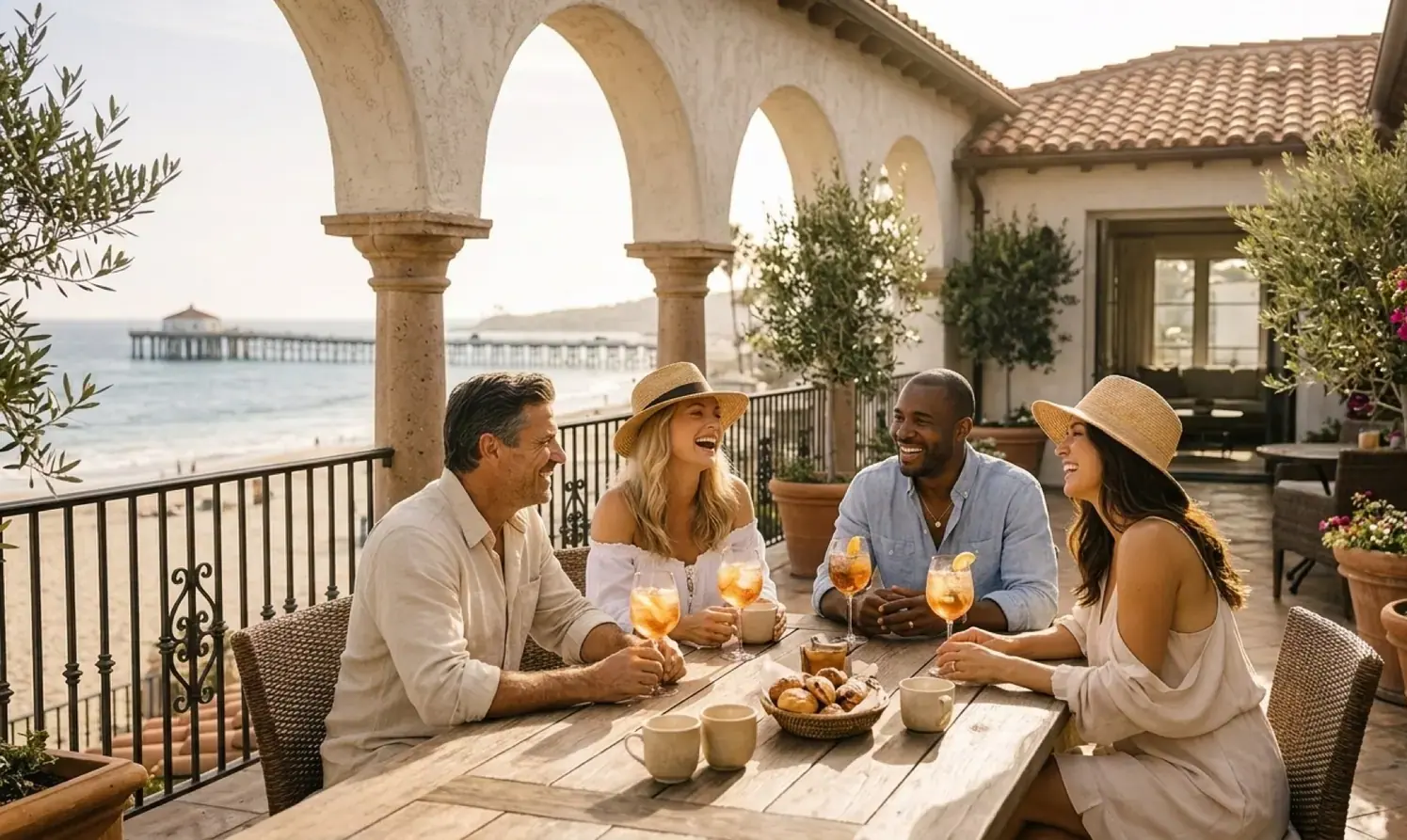 Two couples laugh over drinks at a small dinner on a terrace above the beach