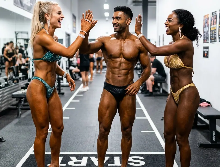 Three competitors, a blonde in a teal bikini, a man in black trunks and a woman in a gold bikini, high-five and laugh in a gym corridor after a posing rehearsal