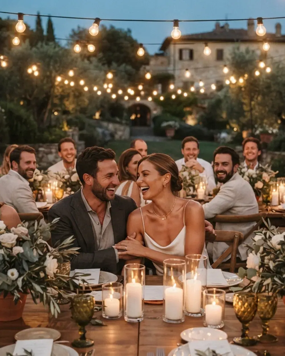 A couple laughs at a long candlelit table under string lights at their rehearsal dinner