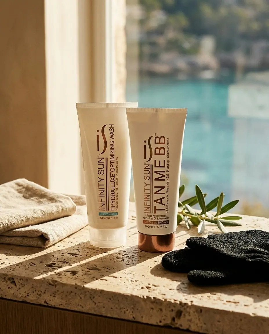 Phydra-Luxe body wash and Tan Me BB Cream with a black mitt on a sunlit stone ledge by the water