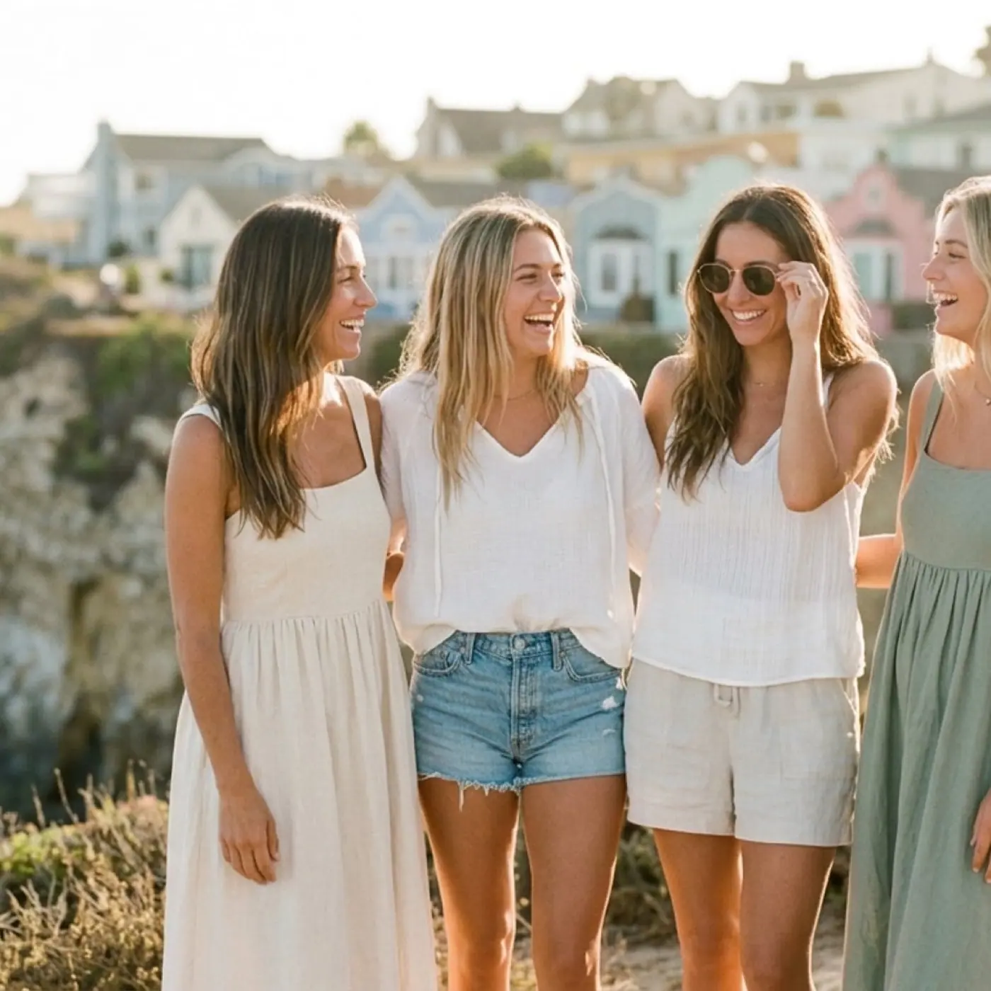 Four friends in white and denim laugh together in front of the colorful Capitola houses