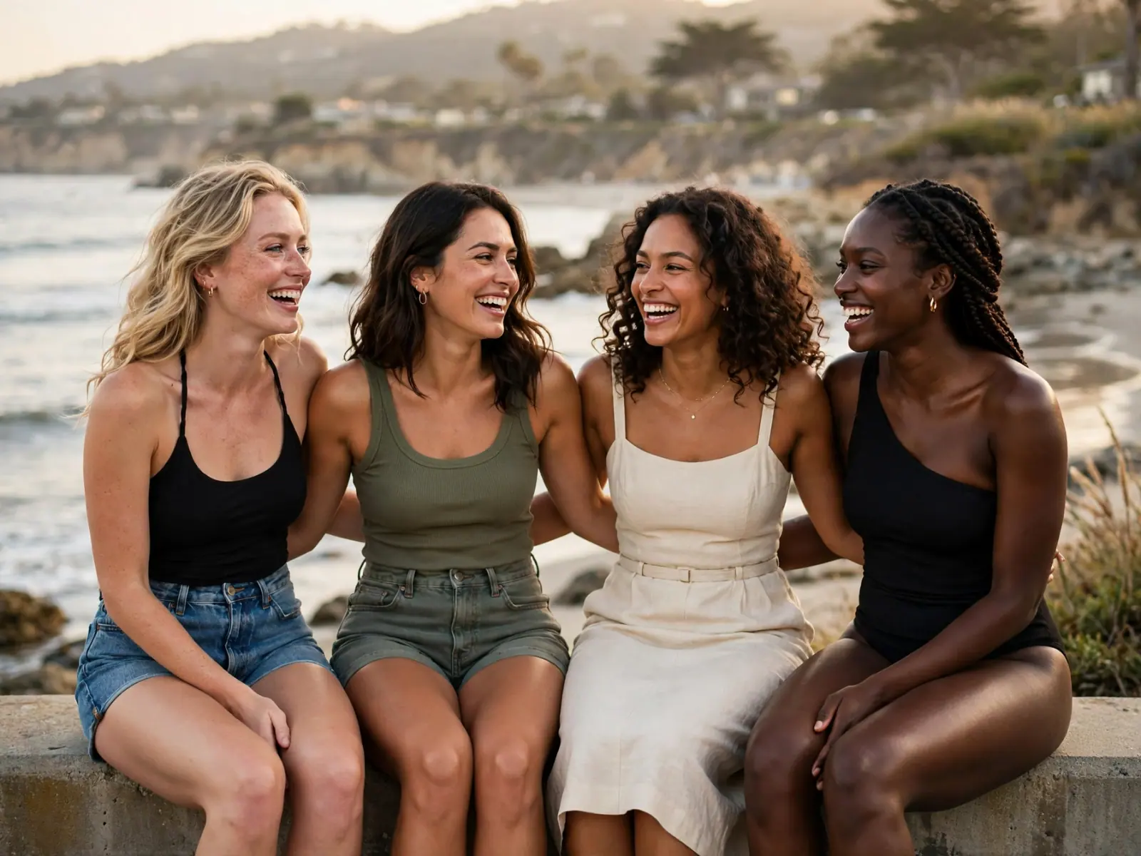 Four friends with different skin tones laugh together on a seawall above the beach