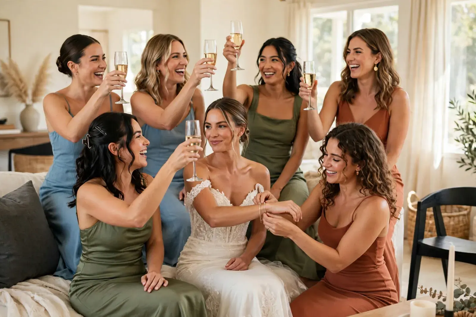 A bride in a lace gown smiles as her bridesmaids raise their champagne around her