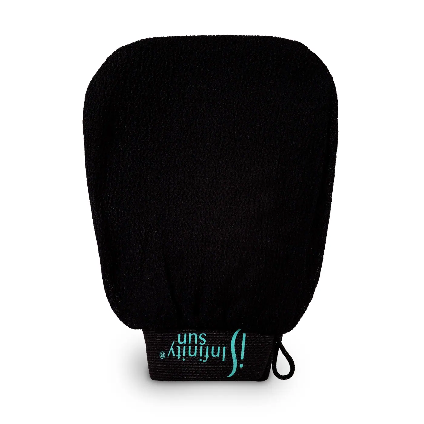 A black exfoliating mitt with a small teal logo