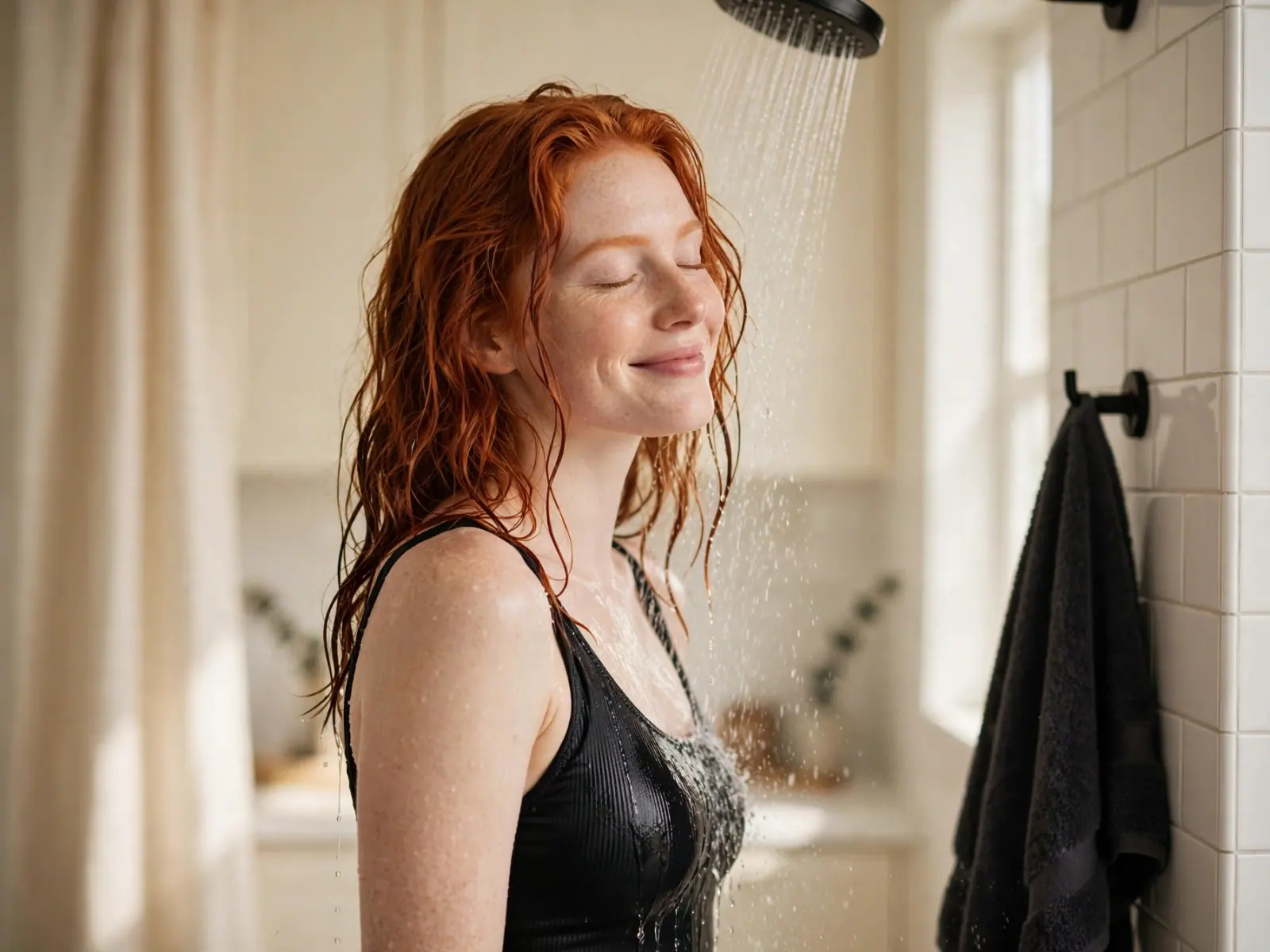 At her rinse time, a redheaded woman in a black swimsuit smiles under the shower in a bright white-tiled bathroom