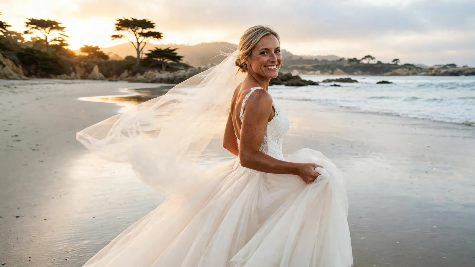 Cover of the Bridal Spray-Tan Timing Guide: a bride in a long veil looks back over her shoulder on the beach at sunset