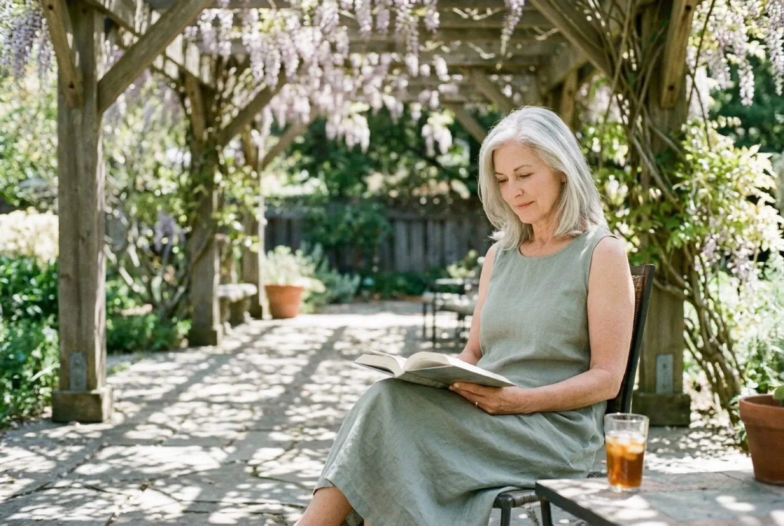 A silver-haired woman in a sage dress reads under a wisteria arbor with a glass of iced tea