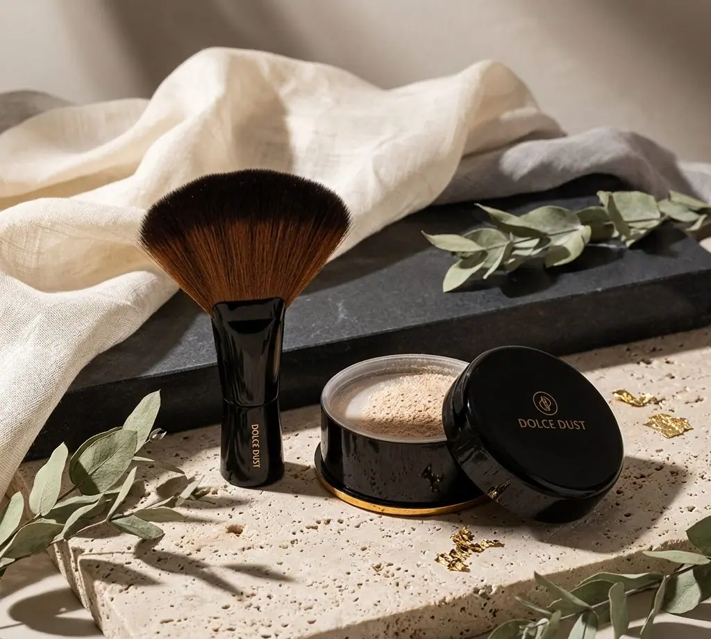 A Dolce Dust powder brush and an open jar of finishing powder on travertine with eucalyptus
