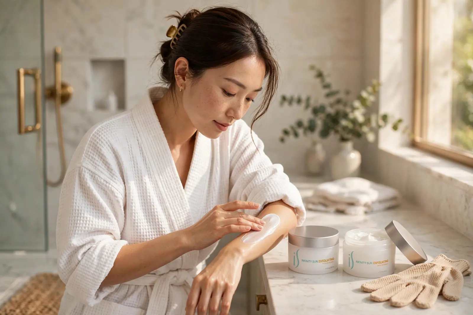 A woman in a waffle robe smooths exfoliating masque onto her arm, two jars and exfoliating gloves on the counter
