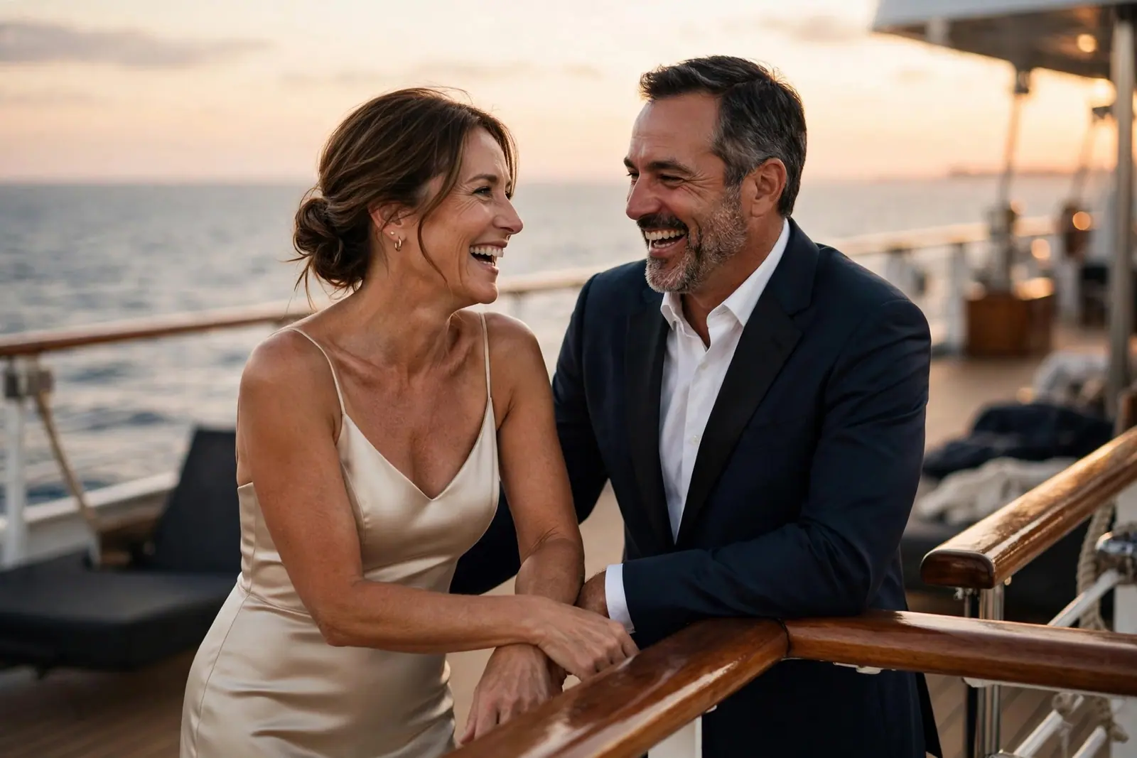 A woman in a champagne satin slip dress laughs with her partner at the rail of a boat at sunset
